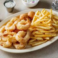 Fried Shrimp (10 Piece) · Sides are fries & hush puppy.
