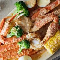  Snow Crab Legs (1 Cluster) W/Sides · Served with 1 snow crab cluster,POTATOE,CORN,BOILED EGG  AND BROCCOLI.