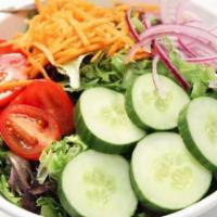 House Salad · Our fresh power green blend, shaved carrots, heirloom tomato, cucumber, purple onion & our h...