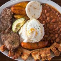Bandeja Paisa · Grilled steak or ground beef, pork skin, sausage, beans, rice, sweet plantains, eggs, and ar...