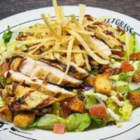 Grilled Chicken Salad · Garden greens, bacon, eggs, croutons, tomatoes.