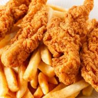 Kid'S Chicken Tenders · Lightly fried chicken tenderloins with gravy. Served with choice of side fries, broccoli, or...