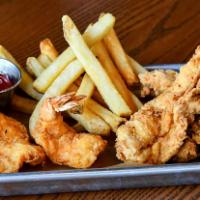 Kid'S Shrimp & Chicken Tenders · Fried shrimp & chicken tenders. Served with choice of side fries, broccoli, or mashed.