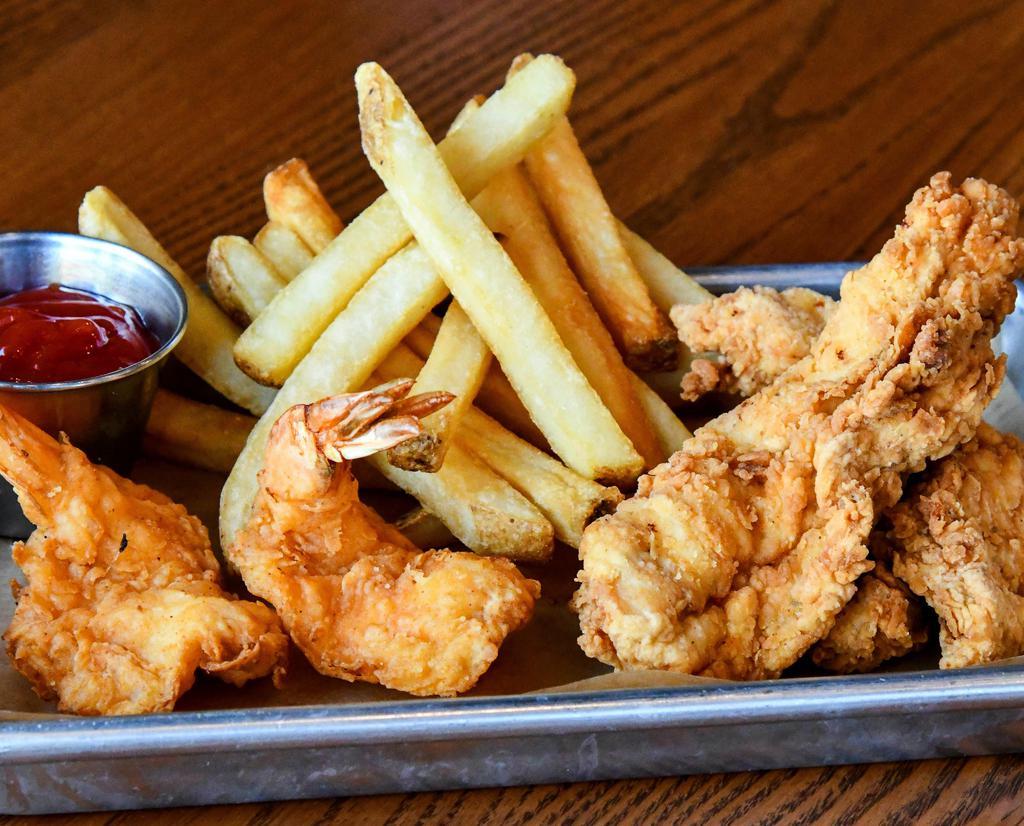 Kid'S Shrimp & Chicken Tenders · Fried shrimp & chicken tenders. Choice of side fries, broccoli, or mashed.