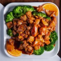 Bourbon Chicken Dinner · Served with egg fried rice or chow mein noodle and one spring roll.