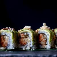 King Kong Roll · inside: spicy salmon, scallion, and tempura flakes outside: avocado, spicy aioli, eel sauce,...