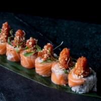 Samurai Roll · inside: yellowtail, scallion, and avocado outside: salmon, spicy tuna, micro greens, and tem...