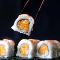 Crunch Roll · inside: tempura flakes with masago caviar and aioli outside: shrimp