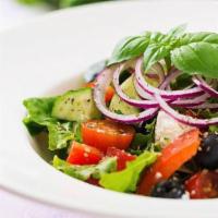 Greek Salad · Lettuce, Tomato, Onion, Cucumber Pepperoncini & Feta