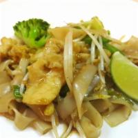 Pad See U Noodles · Thai flat rice noodles stir-fried with egg, broccoli, bean sprouts and onions in a sweet soy...