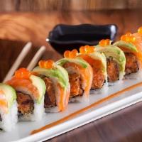 Spicy Titanic Roll · Spicy. Spicy crunch tuna, eel and crunch, topped with fresh salmon and avocado.