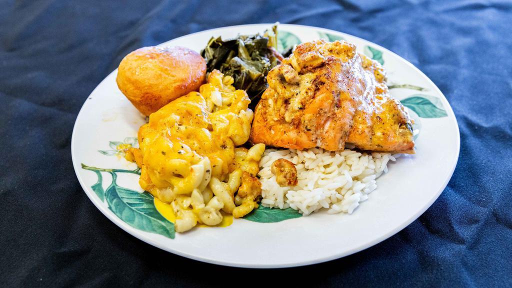Grilled Salmon (5 Oz.) · Fresh Salmon filet served with two sides.