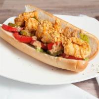 Shrimp Po Boy · Classic po boy with fried shrimp on a french baguette. with fries. can substitute fries for ...