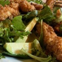Crispy Chicken Salad · Crispy chicken, spring mix, avocado, cucumbers, tomatoes, bacon, cilantro-chive dressing.