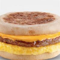 English Muffin, Sausage, Egg & Cheddar · 2 scrambled eggs, melted Cheddar cheese, breakfast sausage, and Sriracha aioli on a toasted ...