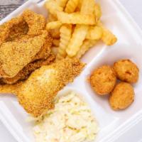 Catfish Platter · Catfish served with fries, coleslaw and hush puppies.