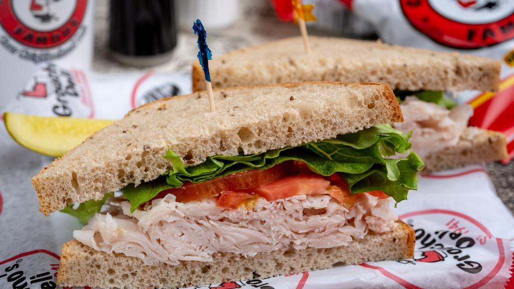 Turkey Sandwich · Freshly cut oven roasted turkey breast, made-to-order on your choice of bread, served with lettuce and tomato, Groucho's famous potato chips, and a dill pickle spear.