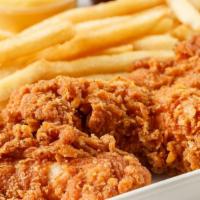 3 Chicken Tenders (4Pcs) · Four deep-fried strips of boneless chicken with honey mustard dipping sauce and French fries.