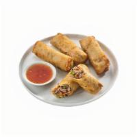 Chicken Egg Roll · Delicious crispy egg rolls filled with chicken, carrots, green onions, cabbage and noodles.