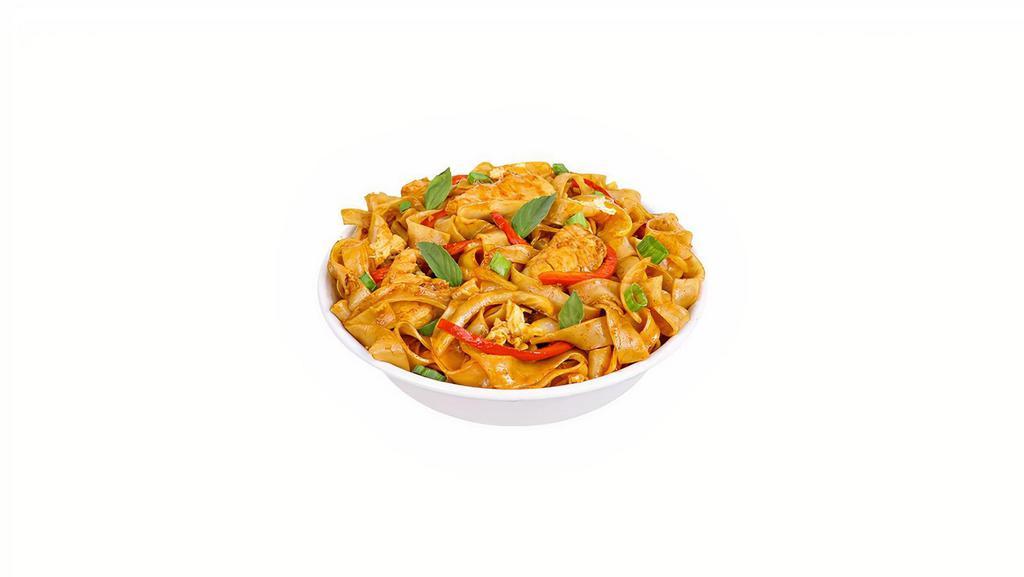 Drunken Noodles · Spicy- Stir fried rice noodles, red bell peppers, sliced marinated chicken breast, white and green onions, fresh basil, garlic and chili wok’d in a savory sweet and spicy sauce.