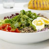 Quinoa Bowl · Tricolor Quinoa, red beans, cherry tomatoes, red onions, celery roots, pepper, hard boil egg...