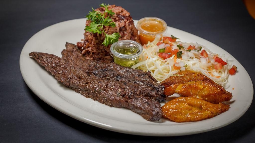 Carne Asada Completa · Popular. Charbroiled homemade steak with unique seasoning. With gallo pinto, maduros, and salad.