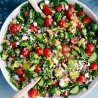 Quinoa Salad · Warm quinoa with cucumber, red onion, tomato, spinach, and balsamic vinaigrette.