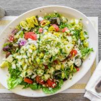 Greek Salad · Romaine lettuce, tomatoes, cucumber, onions, Kalamata olives, feta cheese, pepperoncini, and...