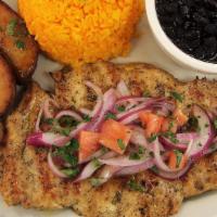 Combo 3 · Boneless chicken breast. Served with rice, black beans, and an extra side.