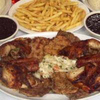 Family Meal 3 · 1 whole chicken, 1 lb. steak, 1 chicken boneless breast, 1 lb. pork, 2 sausage. Serve with 3...