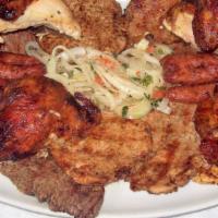 Family Meal 2 · 1/2 chicken, 1/2 lb. steak, 1/2 pork, 1 chicken boneless breast and sausage. Served with 2 l...