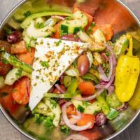Greek Salad · Tomato, cucumber, red onion, bell peppers, kalamata olives, feta, oregano. Dressed with Gree...