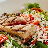 Salad Nicoise · Grilled tuna steak, mixed greens, olives, half hard-boiled egg, tomato, French green beans, ...