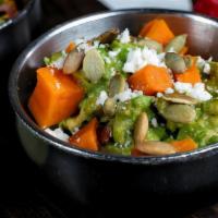 Sweet Potato Guacamole · Vegetarian. Gluten Free. Agave-glazed sweet potatoes, goat cheese, pepitas, onion, cilantro.