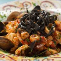 Black Linguini Seafood · Best Seller. Squid ink pasta with seafood. Choice of tomatoes or creamy lobster sauce
