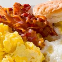 Breakfast Platter · Choice of (pork)bacon, sausage patties or (turkey) bacon, 2 eggs, grits, biscuit or toast