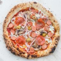 Amore · Tomato sauce, mozzarella cheese, onion, mushrooms, cherry tomatoes,pepperoni, sausage, ham, ...