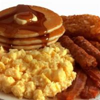 Vegan Breakfast Special · Two pancakes, two eggs (cheese of choice) served with three pieces meat of choice.