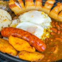 Badeja Paisa · Red bean, rice, fried pork belly, sausage, grill steak fried egg sunny up, avocado, sweet pl...
