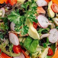 House Salad · Mix greens, heirloom tomato, cucumber, avocado, red onion, house dressing.