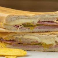 Cuban Sandwich · Ham, pork, Swiss cheese, pickles and mustard on Cuban bread.