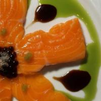 Salmon Sashimi · New Zealand ora king salmon, pickled wasabi, soy balsamic.
