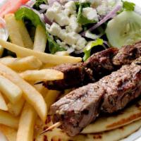 Beef Kabobs · Grilled sirloin medallions. Served with Greek salad, pita, and Greek potatoes or french fries.
