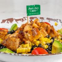 Southwestern Bowl · Black beans, corn, avocado, tomato and chopped chicken with brown rice.