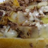 Philly Steak Sandwich · Steak, onions, mushrooms, green peppers, American Cheese and Mayo on the bread.