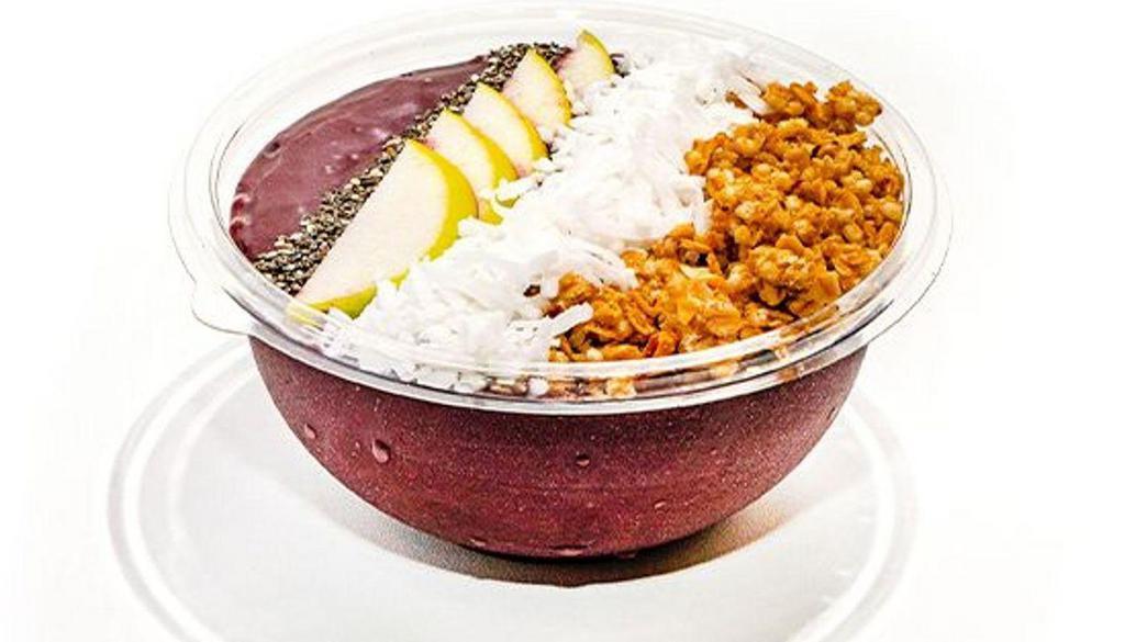 Coconut Chia Acai Bowl (Antioxidants) · Base: acai, mango, pineapple, banana, coconut water

Toppings: apple, blueberries, chia seeds, coconut, hemp granola.

Organic | non-gmo | made with love

The Coconut Chia Acai Bowl is a blend of organic acai sourced from the amazon rainforest and blended with mangoes, pineapples and a touch of bananas for a tropical base and topped with sliced apples, blueberries, chia seeds, shredded coconut flakes and organic hemp granola.
