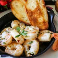 Garlic-Chile Shrimp · Shrimp in garlic infused olive oil, crushed red pepper, toasted bread.
