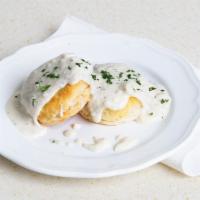 Biscuits And Gravy · Two country biscuits smothered in sausage gravy