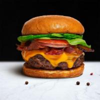 Babbling Bacon Burger · American beef patty and topped with melted cheese, multiple layers of crispy bacon, mayo, ke...