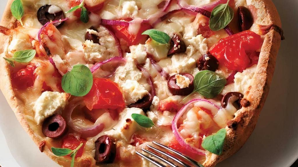 Personal Greek Pizza · Fresh garlic, olive oil, tomatoes, onions, black olives and feta cheese.